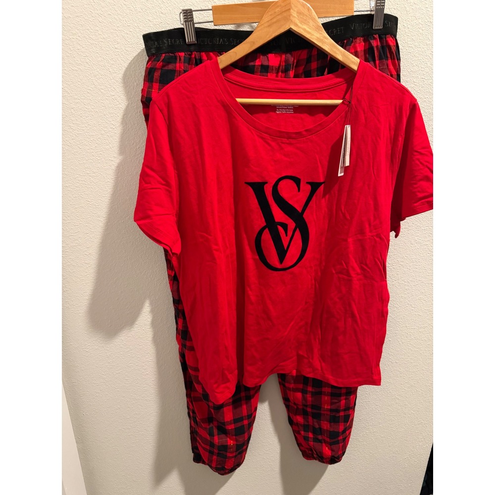 Victorias Secret Pajama Set Red Buffalo Plaid Logo Tee Joggers XL NWT